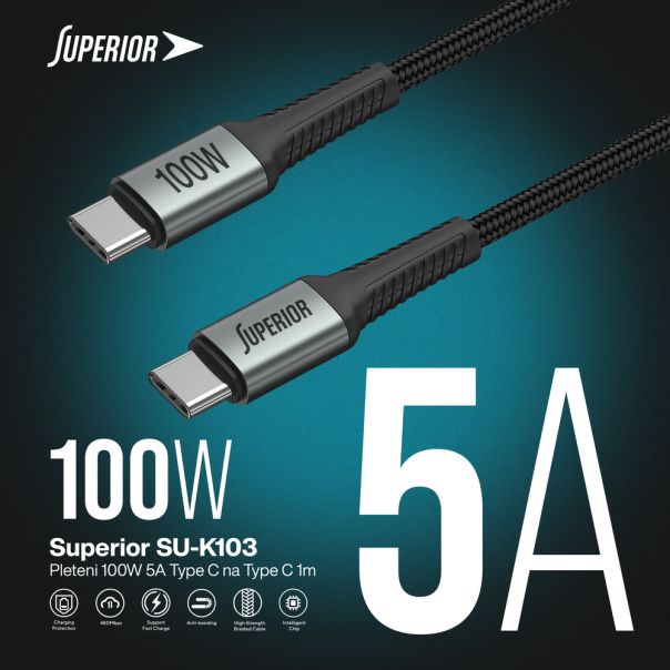 SUPERIOR USB data kabal Superior SU-K103 pleteni Fast 100W 5A Type C na Type C 1m, siva - U2106