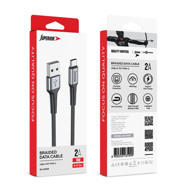 SUPERIOR USB data kabal SU-K104 Fast 18W 2A USB A na Type C 1m, crna - U2107