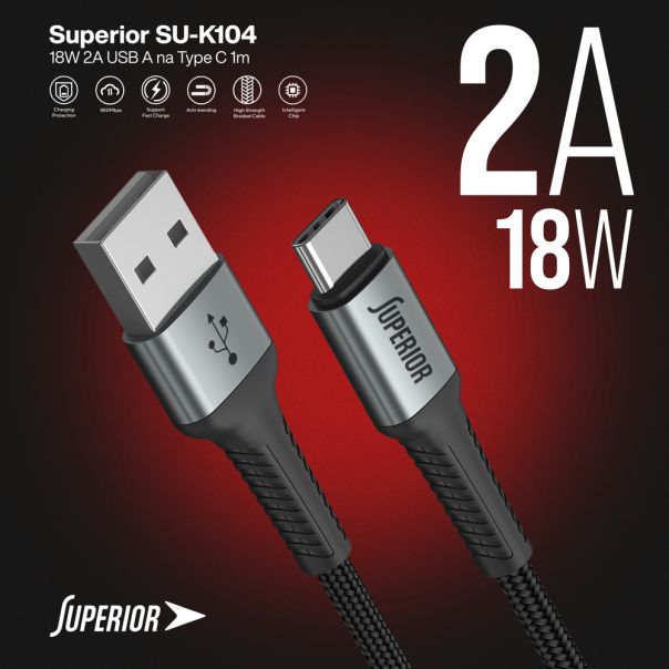 SUPERIOR USB data kabal SU-K104 Fast 18W 2A USB A na Type C 1m, crna - U2107