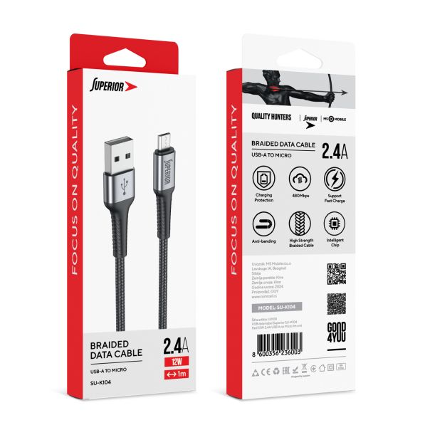 SUPERIOR USB data kabal SU-K104 Fast 12W 2.4A USB A na Micro 1m, crna - U2108