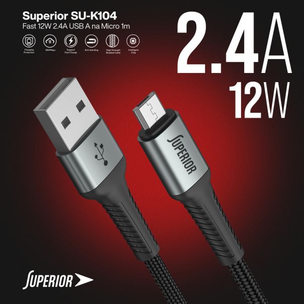 SUPERIOR USB data kabal SU-K104 Fast 12W 2.4A USB A na Micro 1m, crna - U2108
