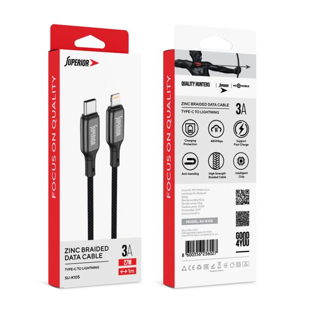 SUPERIOR USB data kabal SU-K105 Cink 27W 3A Type C na Lightning 1m, crna - U2110