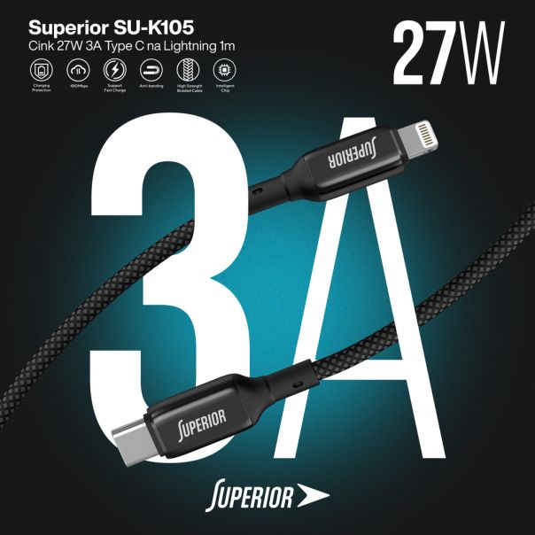 SUPERIOR USB data kabal SU-K105 Cink 27W 3A Type C na Lightning 1m, crna - U2110