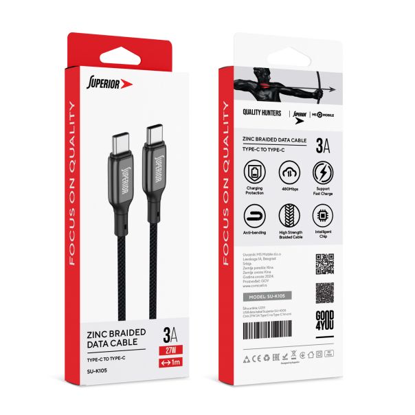 SUPERIOR USB data kabal SU-K105 Cink 60W 3A Type C na Type C 1m, crna - U2111