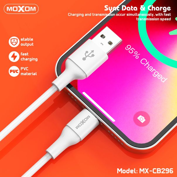 MOXOM USB data kabal MX-CB296 3A Lightning, bela - U2121