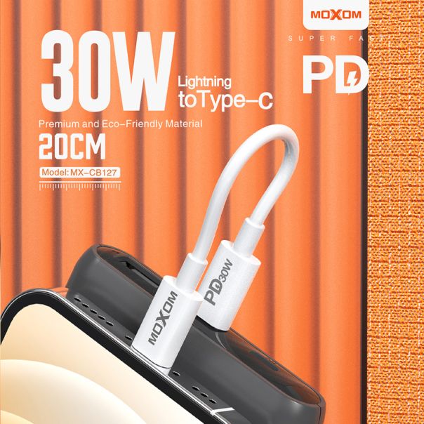 MOXOM USB data kabal MX-CB127 Type C na Lightning PD 30W 20cm, bela - U2135