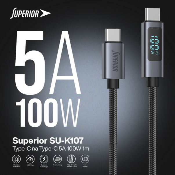 SUPERIOR USB data kabl SU-K107 pleteni Type-C na Type-C 5A 100W sa LED ekranom, 1m crna - U2136