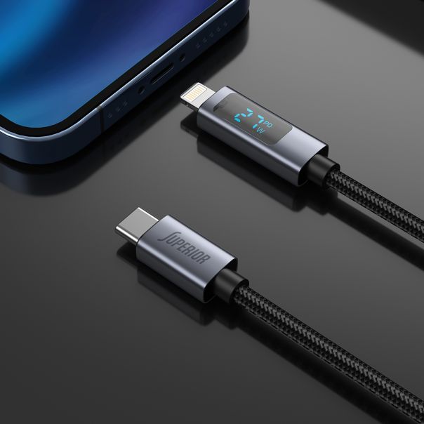 SUPERIOR USB data kabl SU-K107 pleteni Type-C na Lightning 3A 27W sa LED ekranom, 1m crna - U2137