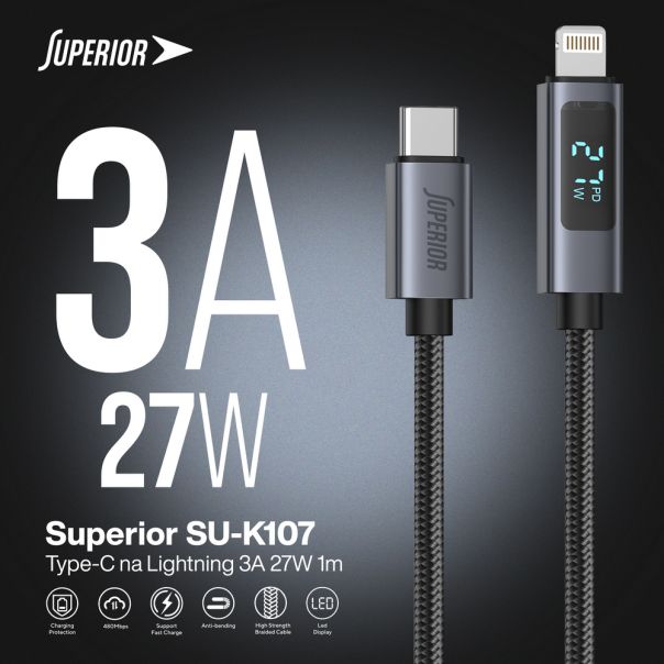SUPERIOR USB data kabl SU-K107 pleteni Type-C na Lightning 3A 27W sa LED ekranom, 1m crna - U2137