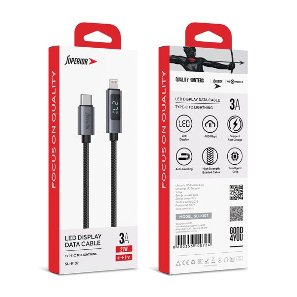 SUPERIOR USB data kabl SU-K107 pleteni Type-C na Lightning 3A 27W sa LED ekranom, 1m crna - U2137