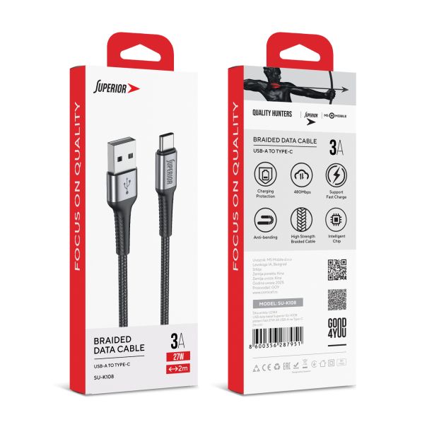 SUPERIOR USB data kabal SU-K108 pleteni Fast 27W 3A USB A na Type-C 2m, crna - U2144