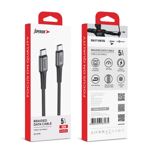 SUPERIOR USB data kabal SU-K110 pleteni Fast 100W 5A Type-C na Type-C 2m, siva - U2146