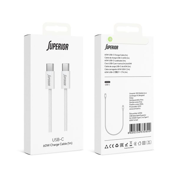 SUPERIOR USB data kabal SU-K1025 Type C na Type C 60W, 1m, bela - U2155