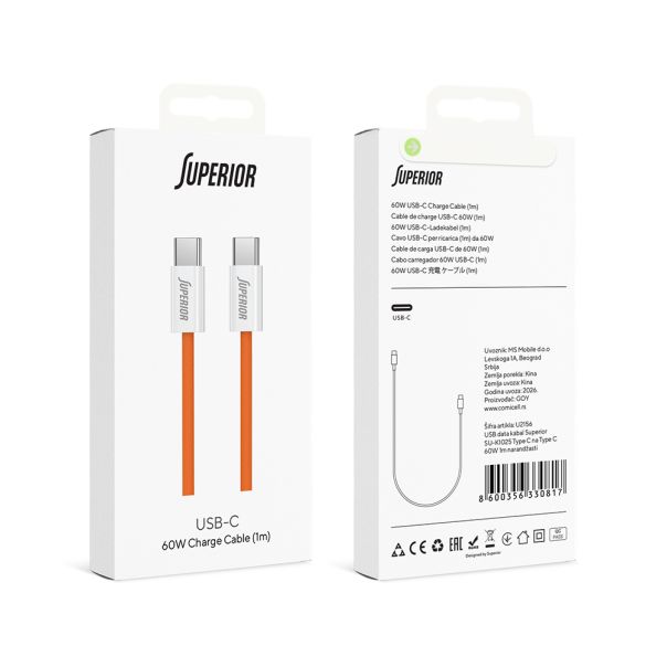 SUPERIOR USB data kabal SU-K1025 Type C na Type C 60W, 1m, narandžasta - U2156