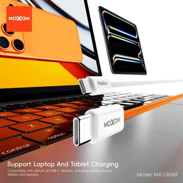 MOXOM USB data kabal MX-CB369 pleteni Fast 60W 3A Type-C na Type-C, 1m, narandžasta - U2214