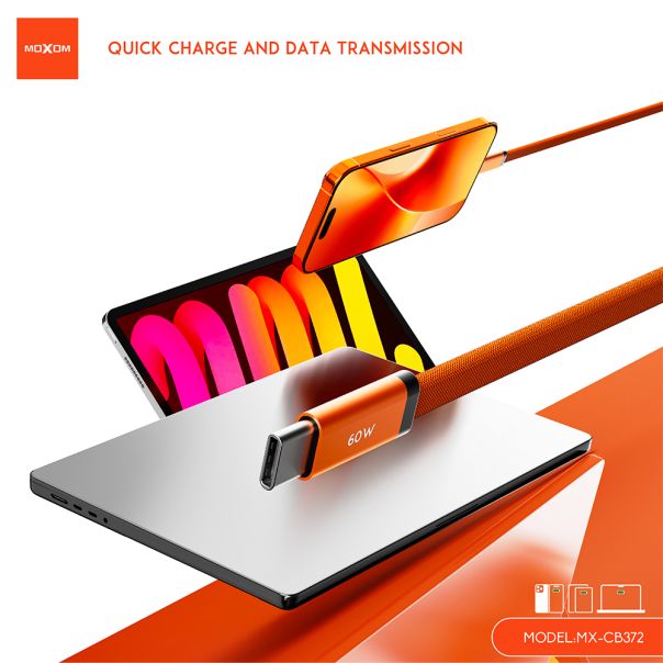 USB data kabal MOXOM MX-CB372 pleteni Fast 60W 3A Type-C na Type-C 1m narandzasti - EP2944379