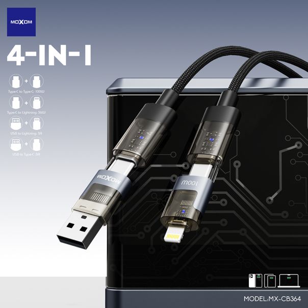 USB data kabal Moxom 4 u 1 Type C na Type C/Lightning, USB na Type C/lightning MX-CB364 100W 1m crni - EP3160034