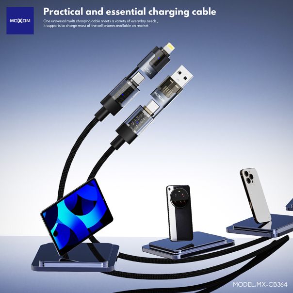 USB data kabal Moxom 4 u 1 Type C na Type C/Lightning, USB na Type C/lightning MX-CB364 100W 1m crni - EP3160034