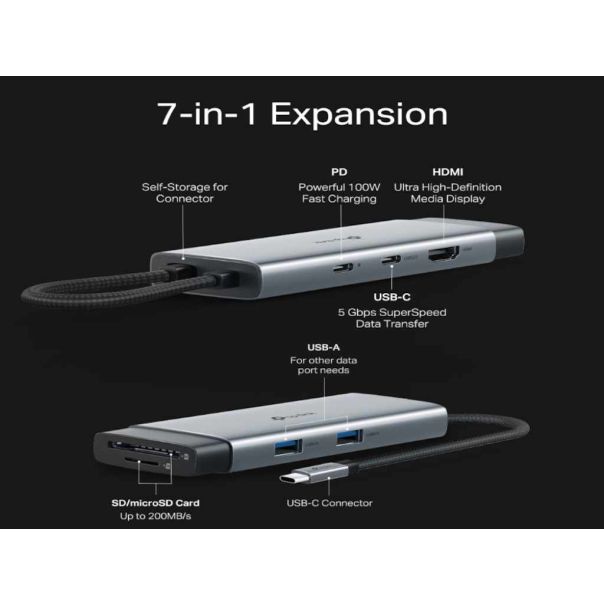 TP LINK Hub TP-LINK USB Type-C 7-Port Hub/1USB-C /1 HDMI 4K 60Hz Port,1 × USB-C PD 100W Port,1 × SD - EP2382560