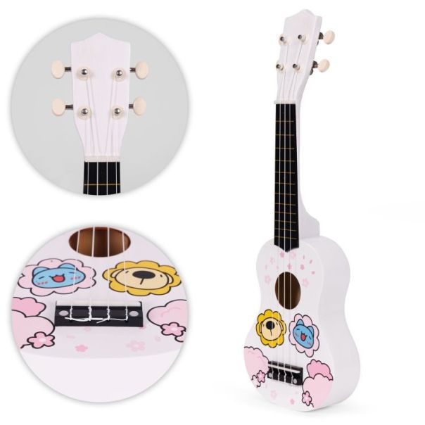ECO TOYS Ukulele drvena gitara za decu sa 4 najlonske žice i trzalicom bela– ecotoys - EP2749307