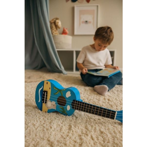 ECO TOYS Ukulele drvena gitara za decu sa 4 najlonske žice i trzalicom plava – ecotoys - EP2749304