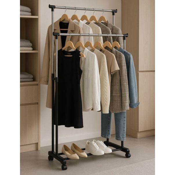 MODERNHOME Univerzalni dvostruki stalak za odeću sa podesivom visinom, točkićima i 2 šine, - EP2751994