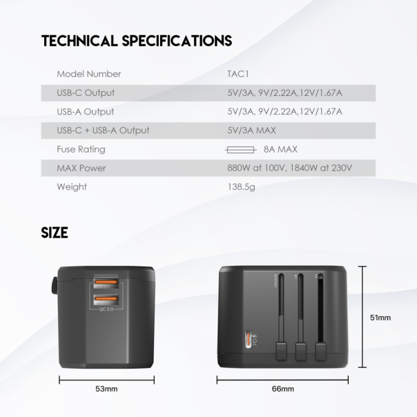 Univerzalni Multi Adapter Fantech TAC1 Power Cube 20W, PD, QC 3.0, 20W, crni - 213470