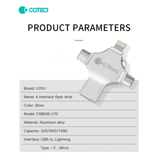 USB flash memorija Coteci CS8836 32GB USB 3.0/micro USB/Type C/lightning - 223751