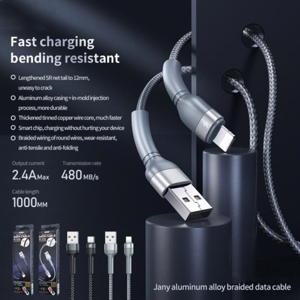 Kabel Remax Jany Aluminium Alloy Braided RC-124a 2.4A Type-C crni - 600872