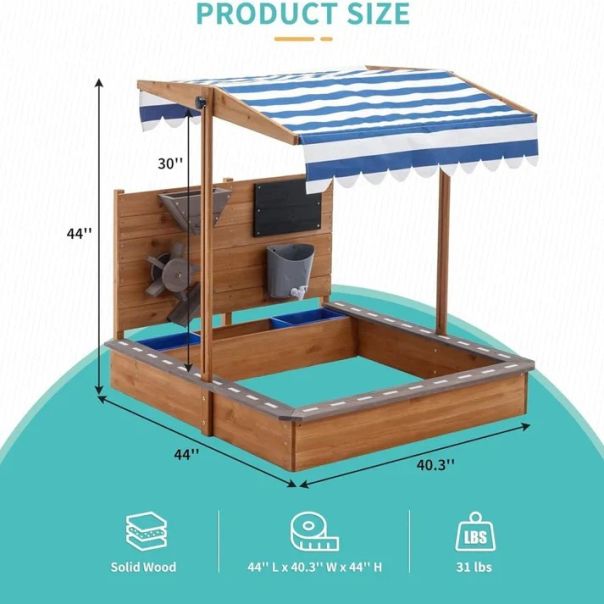 Dečiji drveni pesčanik KINDER HOME sa podesivim krovom - V01D330B