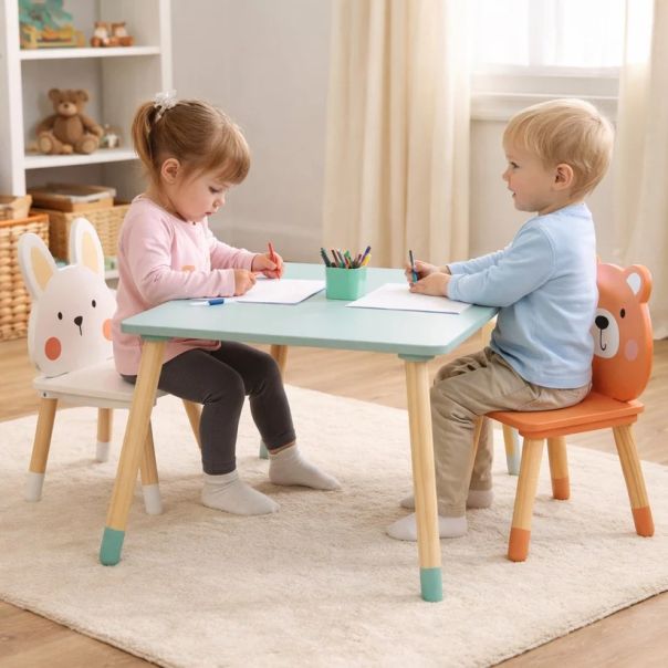 Dečiji drveni sto sa 2 stolice KINDER HOME – Medved i Zeka, set za igru i učenje - EP3274778