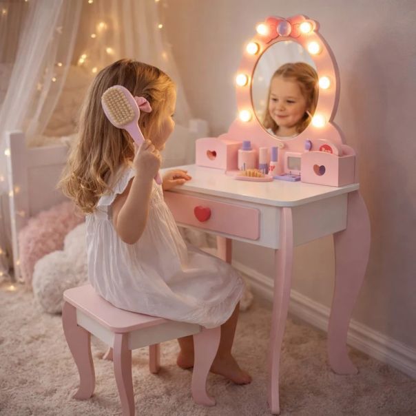 Dečiji drveni toaletni stočić sa ogledalom i svetlima KINDER HOME, roze, 92 cm - EP3317628