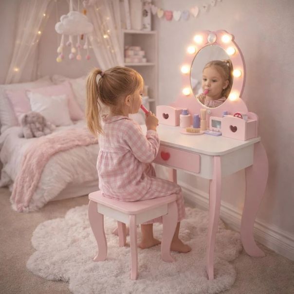 Dečiji drveni toaletni stočić sa ogledalom i svetlima KINDER HOME, roze, 92 cm - EP3317628