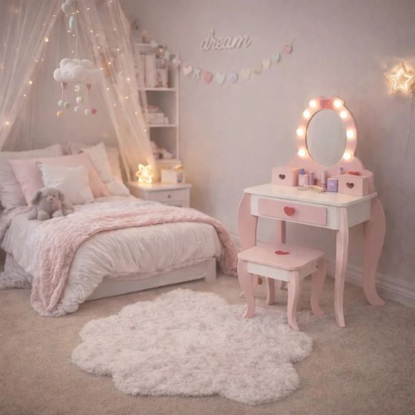Dečiji drveni toaletni stočić sa ogledalom i svetlima KINDER HOME, roze, 92 cm - EP3317628