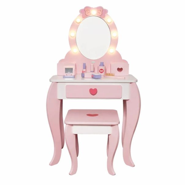 Dečiji drveni toaletni stočić sa ogledalom i svetlima KINDER HOME, roze, 92 cm - EP3317628