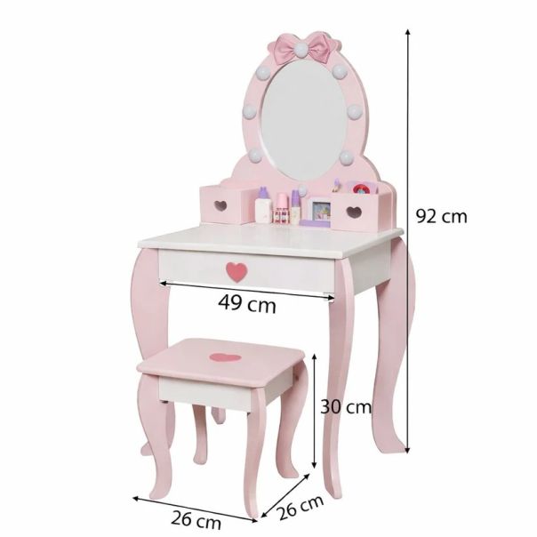 Dečiji drveni toaletni stočić sa ogledalom i svetlima KINDER HOME, roze, 92 cm - EP3317628