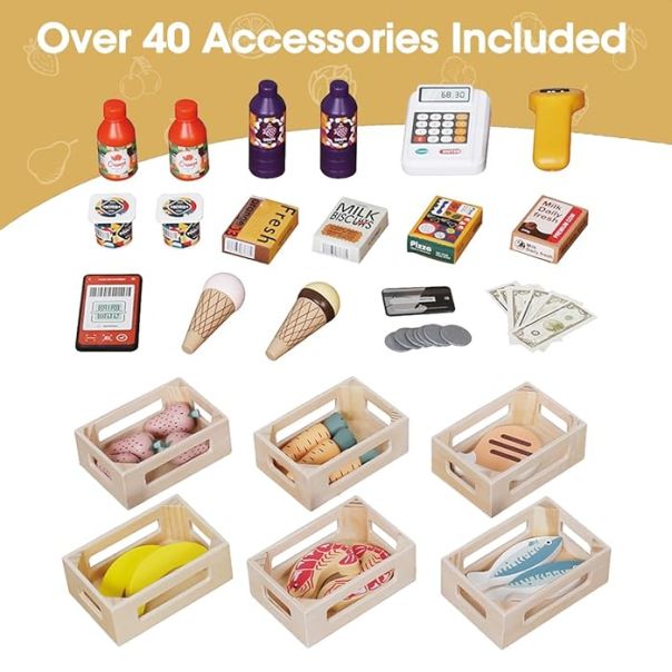 Drvena dečija prodavnica i pozorište 2 u 1 KINDER HOME, za igranje uloga, sa kasom - V10A232
