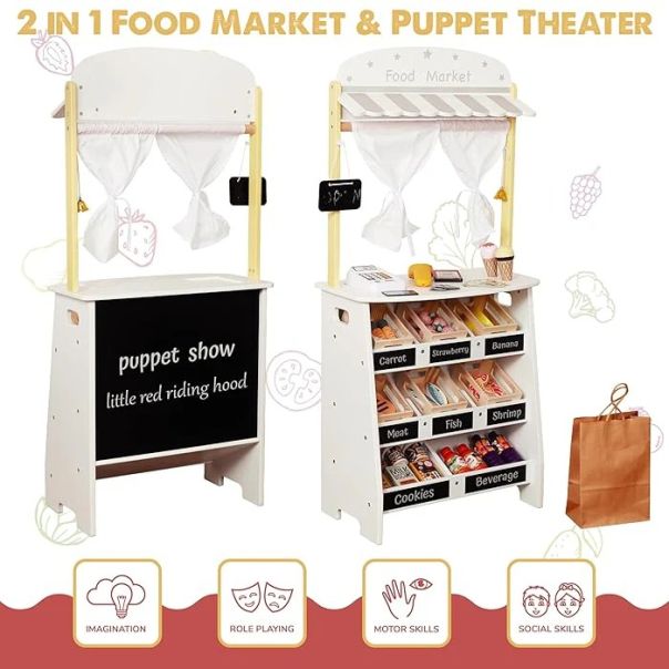 Drvena dečija prodavnica i pozorište 2 u 1 KINDER HOME, za igranje uloga, sa kasom - V10A232