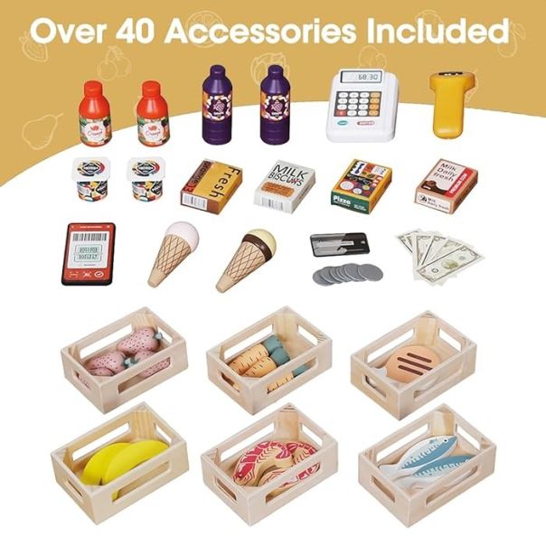 Drvena dečija prodavnica i pozorište 2 u 1 KINDER HOME, za igranje uloga, sa kasom - V10A232