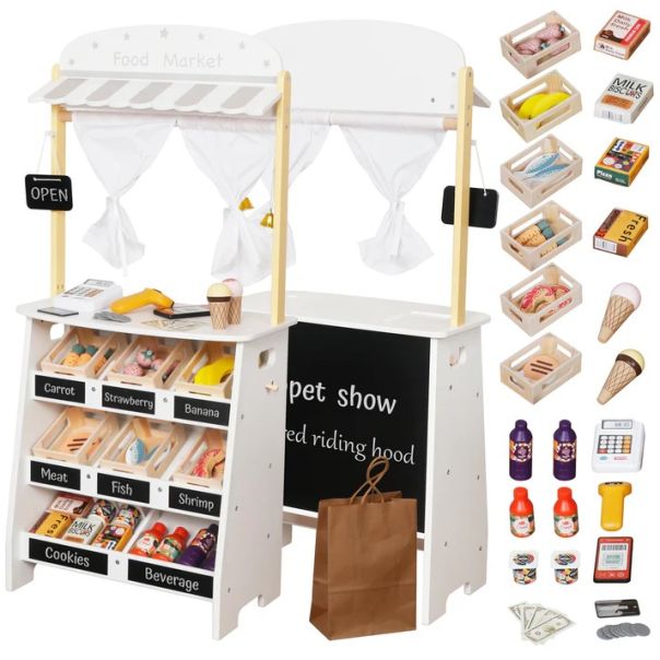 Drvena dečija prodavnica i pozorište 2 u 1 KINDER HOME, za igranje uloga, sa kasom - V10A232