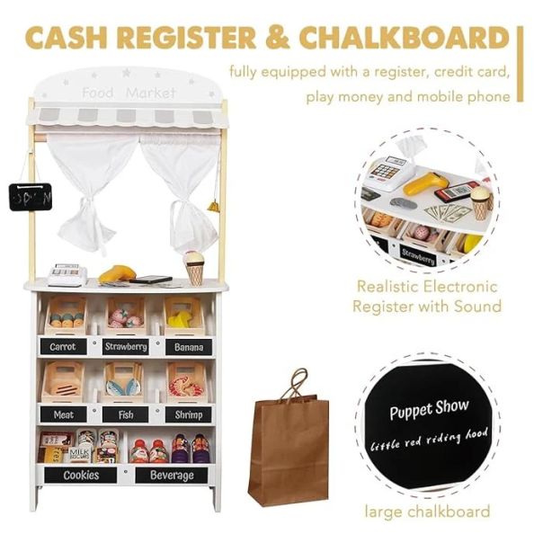 Drvena dečija prodavnica i pozorište 2 u 1 KINDER HOME, za igranje uloga, sa kasom - V10A232