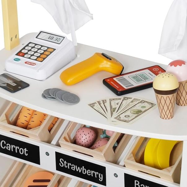 Drvena dečija prodavnica i pozorište 2 u 1 KINDER HOME, za igranje uloga, sa kasom - V10A232