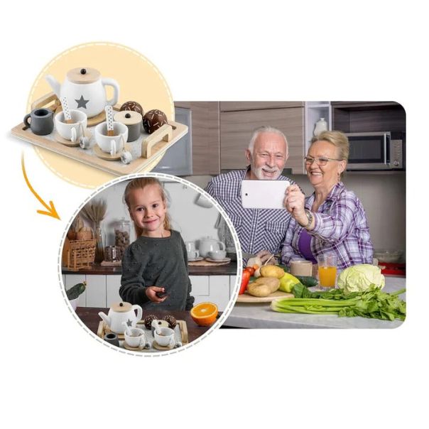 KINDER HOME Dečiji drveni set za čaj i kafu sa dodacima belo-sivi - V10B318B