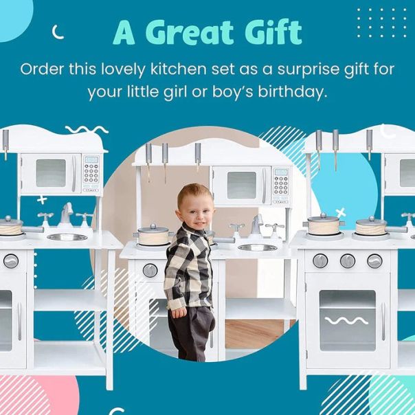 KINDER HOME Dečija drvena kuhinja za igru sa dodacima bela - V10C404H