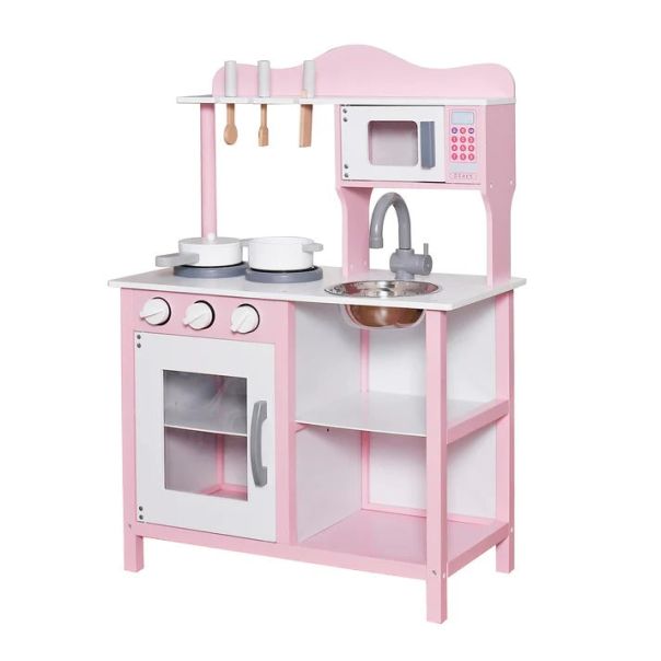 KINDER HOME Dečija drvena kuhinja za igru sa dodacima roze - V10C404I
