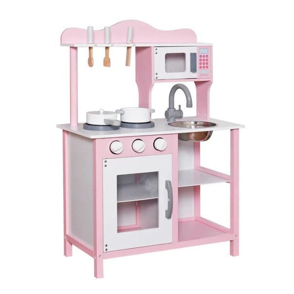 KINDER HOME Dečija drvena kuhinja za igru sa dodacima roze - V10C404I