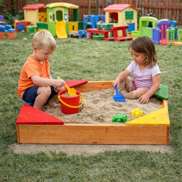 Dečiji drveni peskarnik KINDER HOME sa 4 sedišta – 90x90 cm - EP2988398