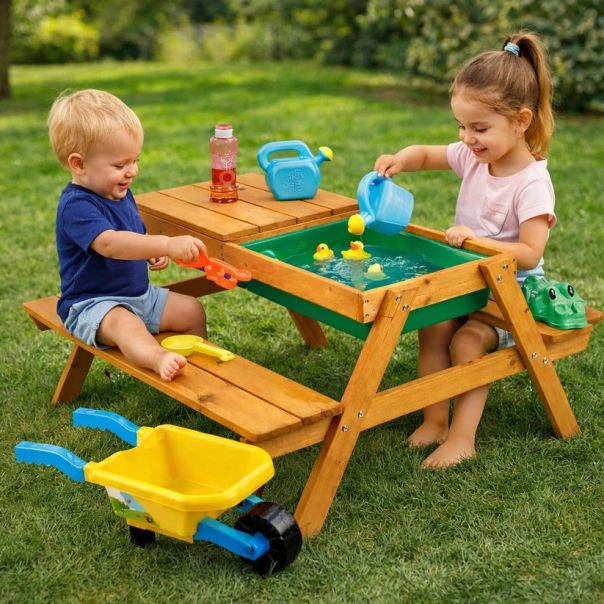Dečji drveni sto sa klupama i peskarnikom KINDER HOME – 2u1, podizna ploča - EP2988394
