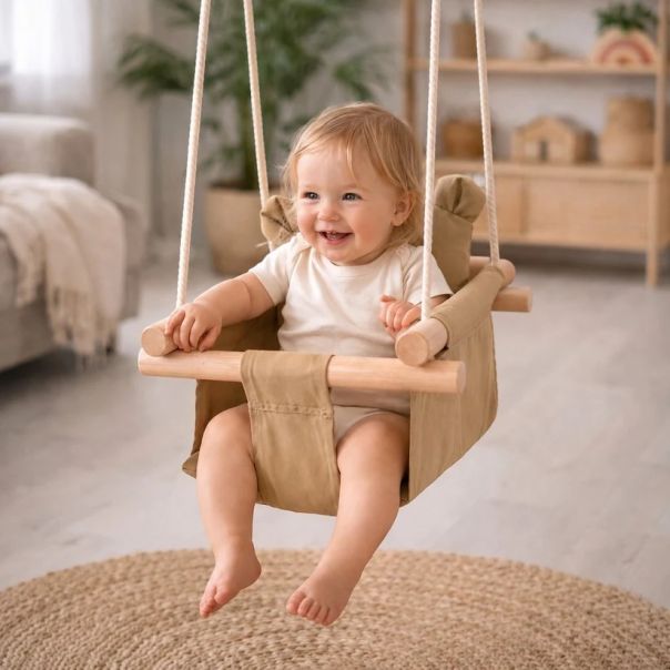 Dečija drvena ljuljaška Plišani meda KINDER HOME – Mekano pamučno sedište, do 30 kg - EP3305138
