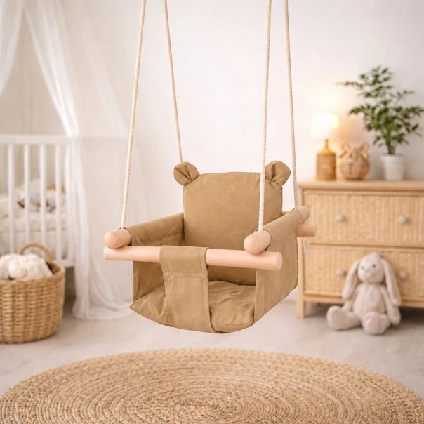 Dečija drvena ljuljaška Plišani meda KINDER HOME – Mekano pamučno sedište, do 30 kg - EP3305138